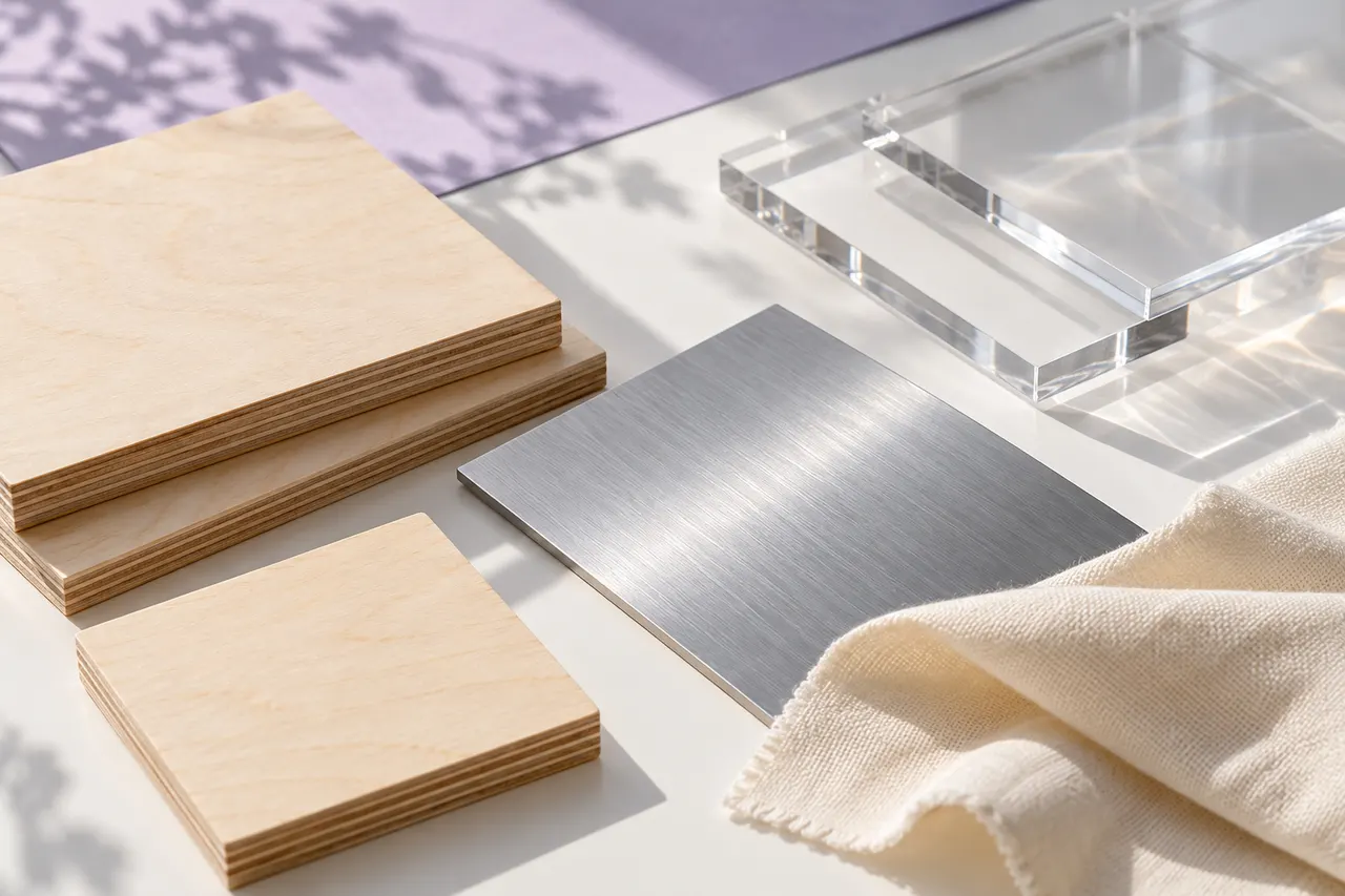 Muestras de madera, acrílico, metal y tejido en una mesa luminosa
