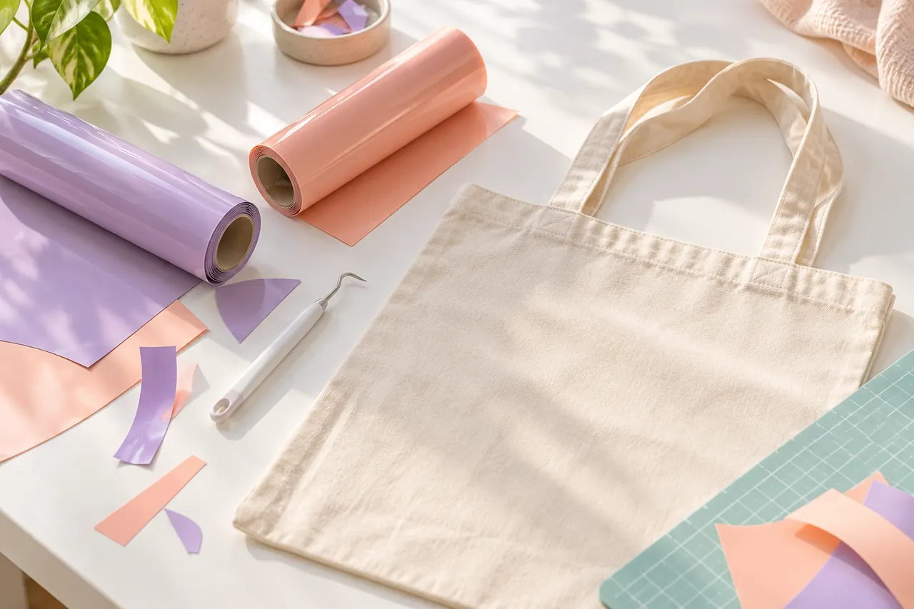 Vinilos de color, una bolsa de algodón y herramientas de corte